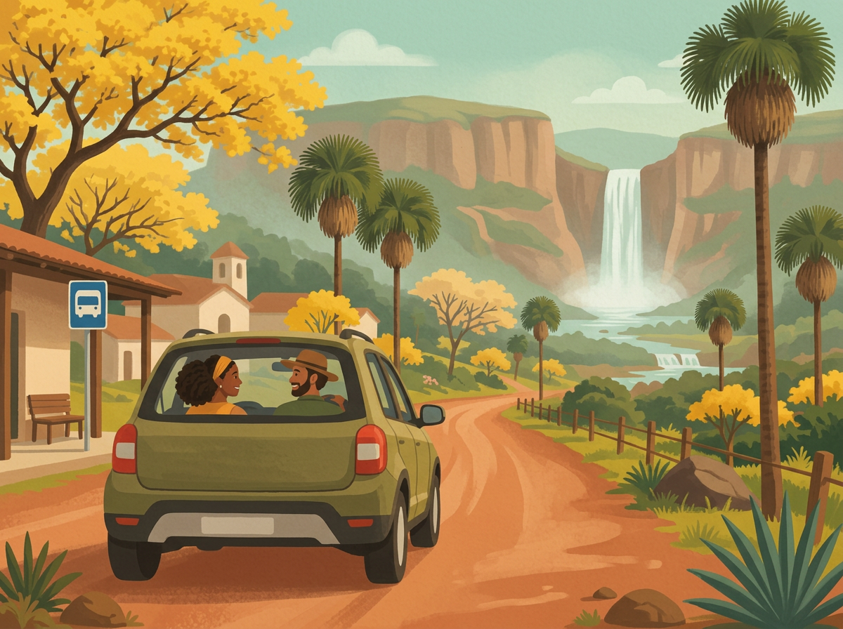 Carro saindo da rodoviária em direção a uma cachoeira