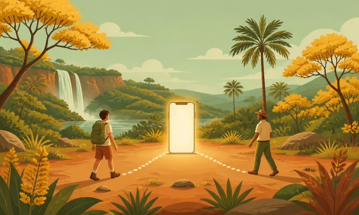 Visitante e guia caminhando em direção ao aplicativo, que conecta os dois